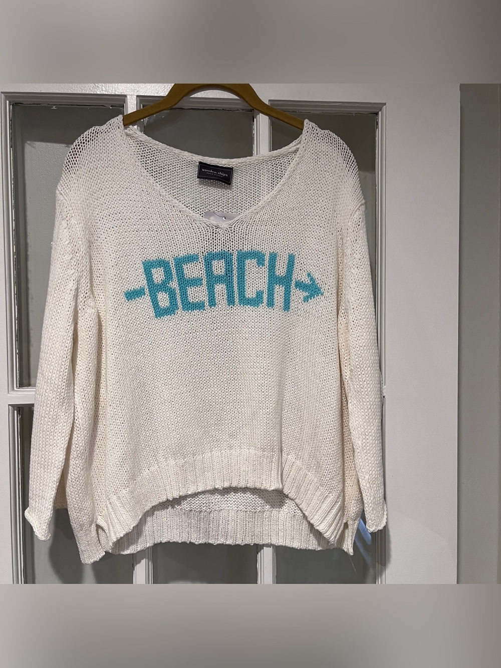 NWT Wooden Ships BEACH Arrow White Blue V Cotton Knit Cropped Sweater S/M